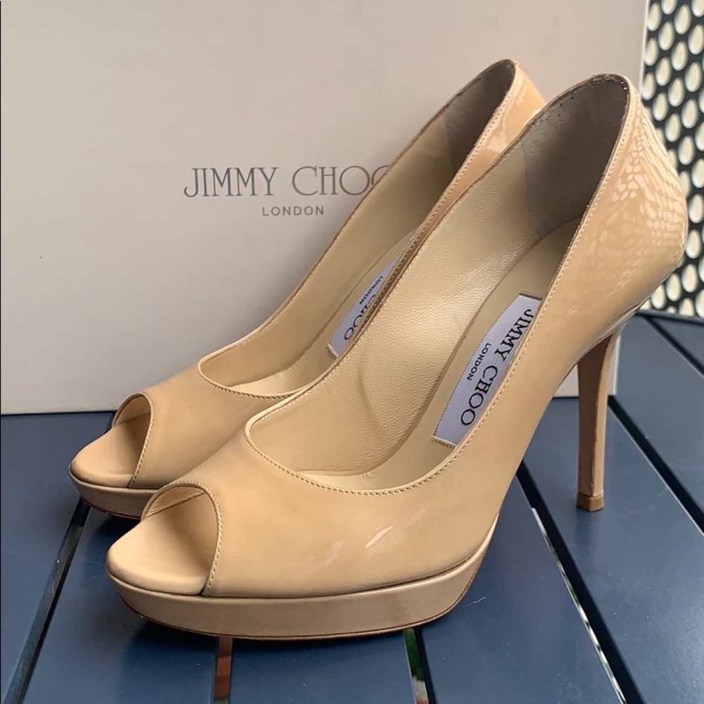 Jimmy Choo Luna Patent Leather Peep-Toe Pumps Nude